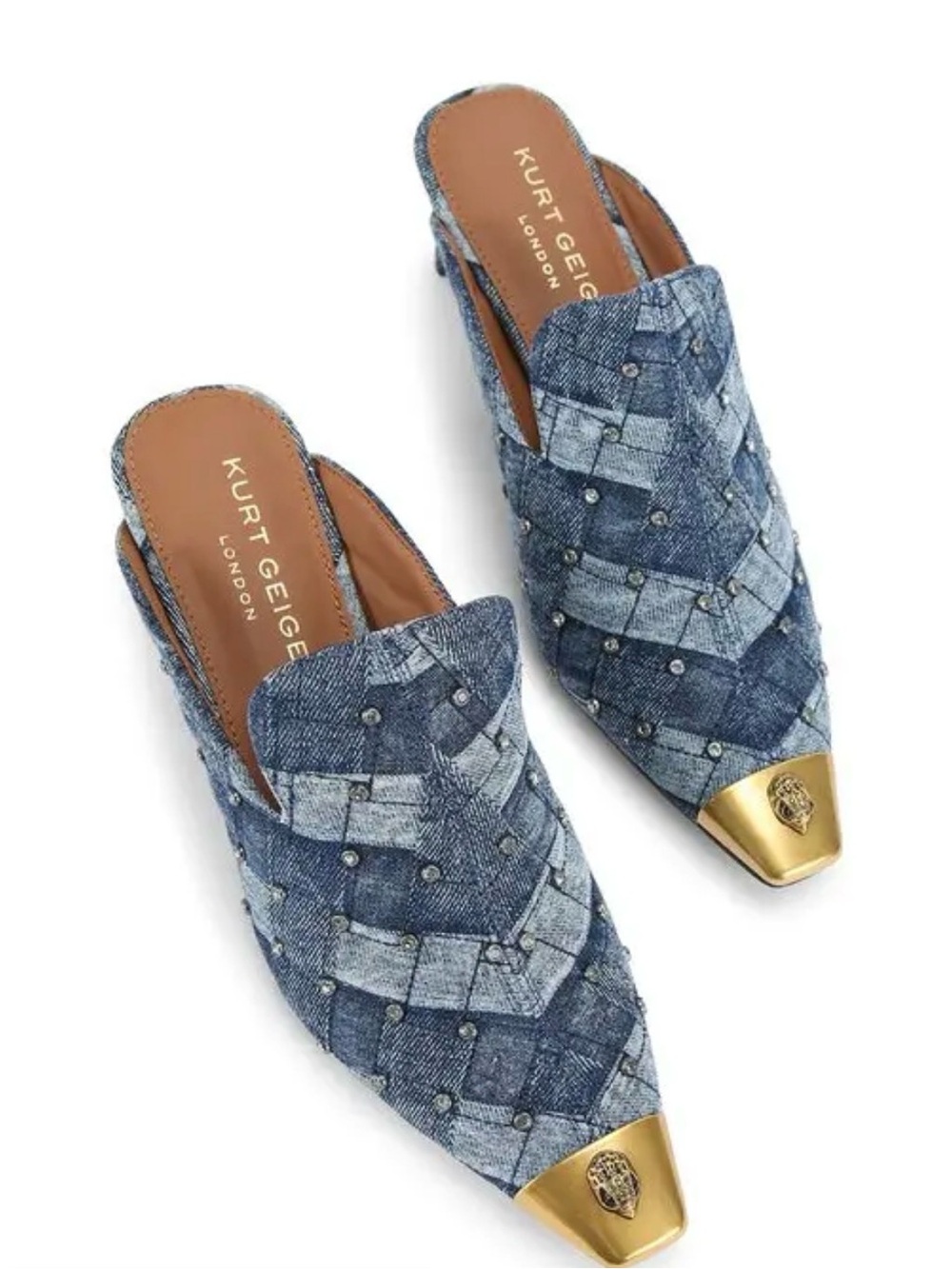 Kurt Geiger Denim Patchwork Pointed Mules with Gold Toe Caps